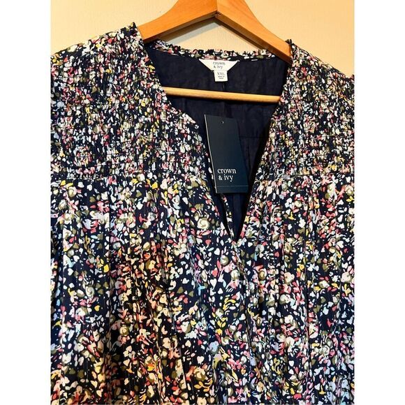 Crown & Ivy Women's XXL Ruffled Sleave Tiered Mini Dress Navy Microfloral Spring - Picture 7 of 14